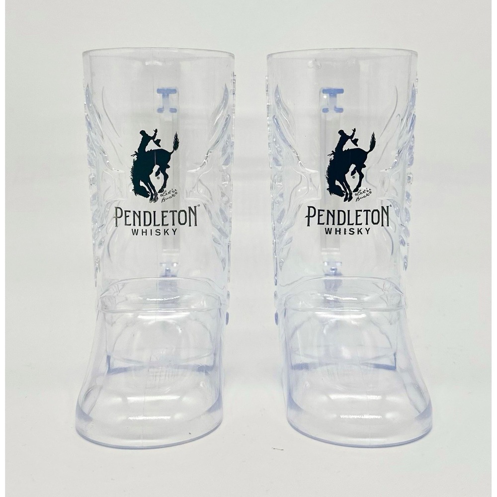 Pendleton Whisky 18 oz Boot Shaped Beer Mugs Set of 2 Clear Plastic Western